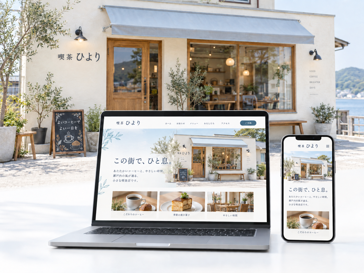 愛媛の町にありそうな架空のカフェと、同じお店のホームページを映したパソコン・スマートフォンのイメージ