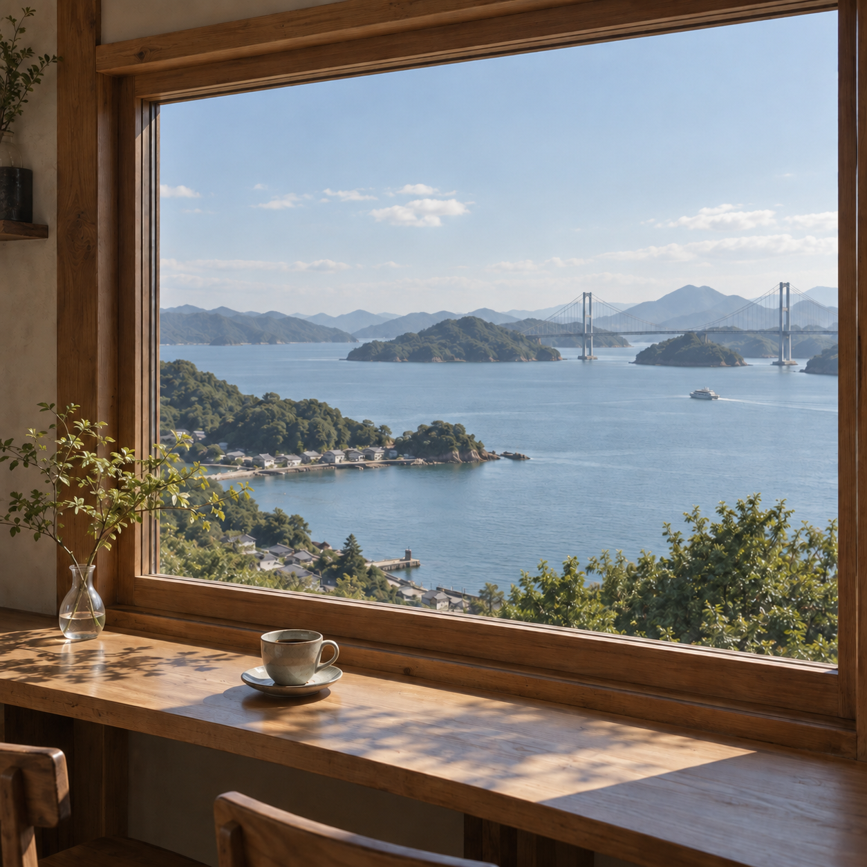 カフェの木の窓越しに、しまなみをイメージした海と島々、橋を望む風景